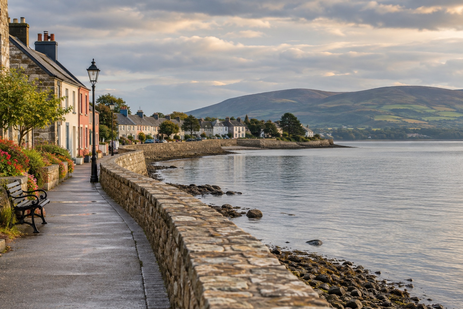 Illustrative view of a coastal village promenade inspired by Moville